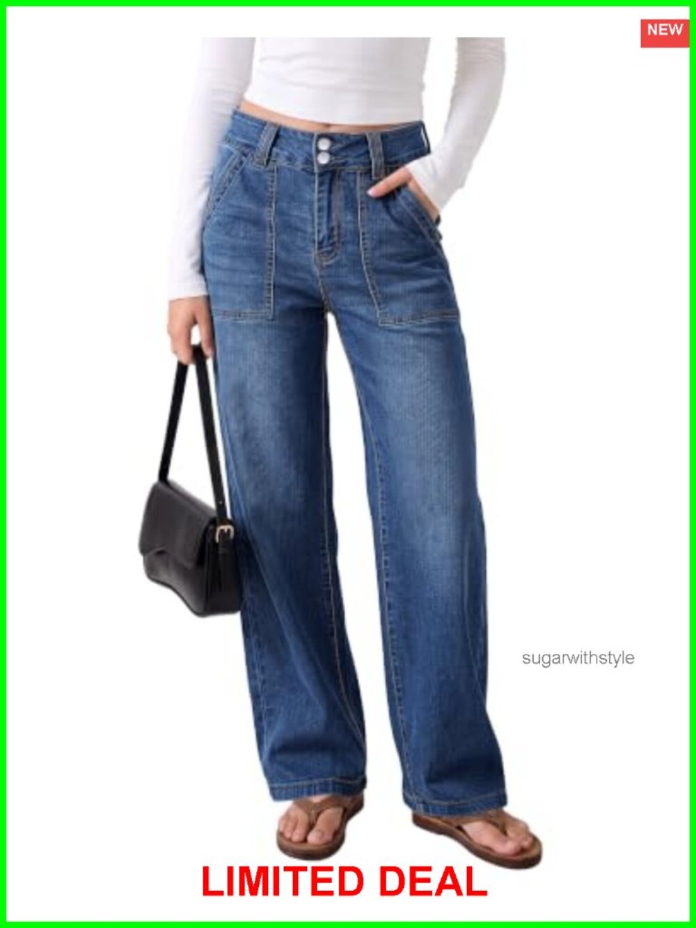 High Waisted Straight Leg Stretch Denim Jeans Dual Button Loose Fit